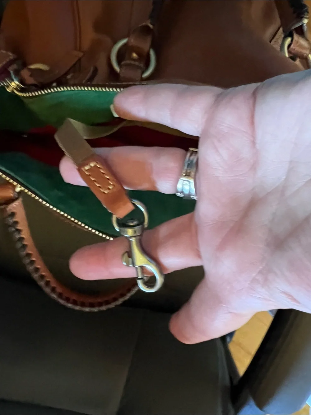 Dooney & Bourke Brown Leather Shoulder Bag with Green Suede Interior